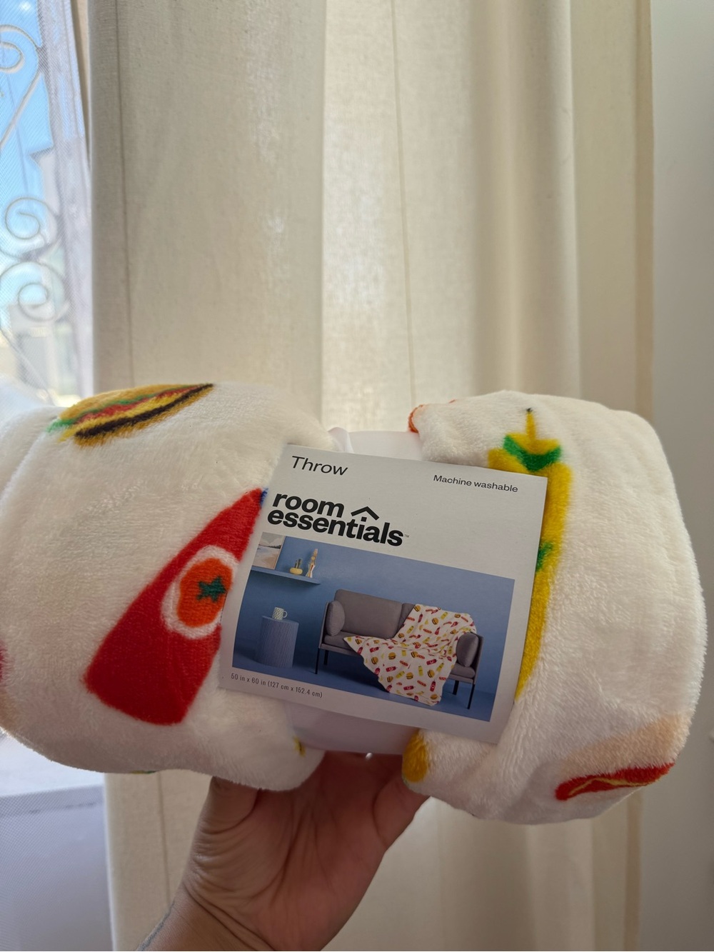 Room Essentials White Plush Throw Blanket with Red, Yellow, Green Fruit Accents